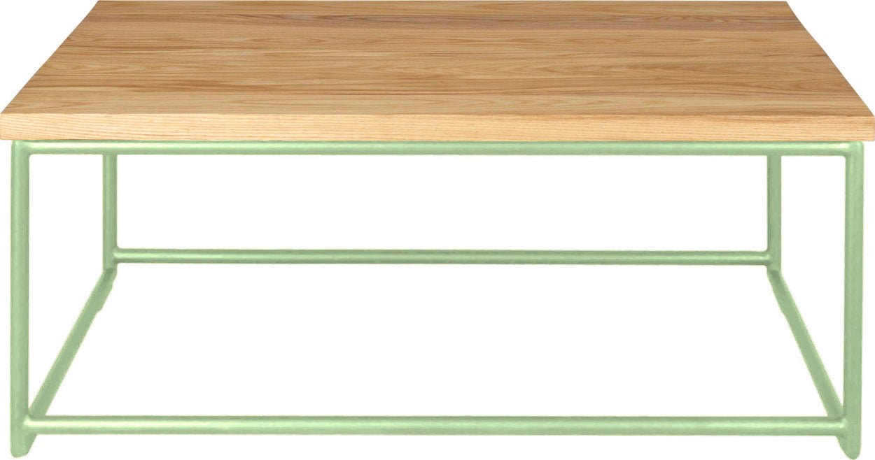 Sage green metal table with natural stain ash wood made in UK - front view round frame