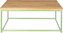 Load image into Gallery viewer, Sage green metal table with natural stain ash wood made in UK - front view round frame
