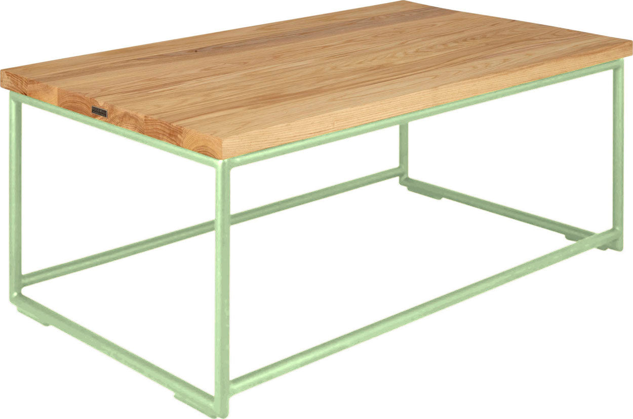 Sage green metal table with natural stain ash wood made in UK - angle view round frame