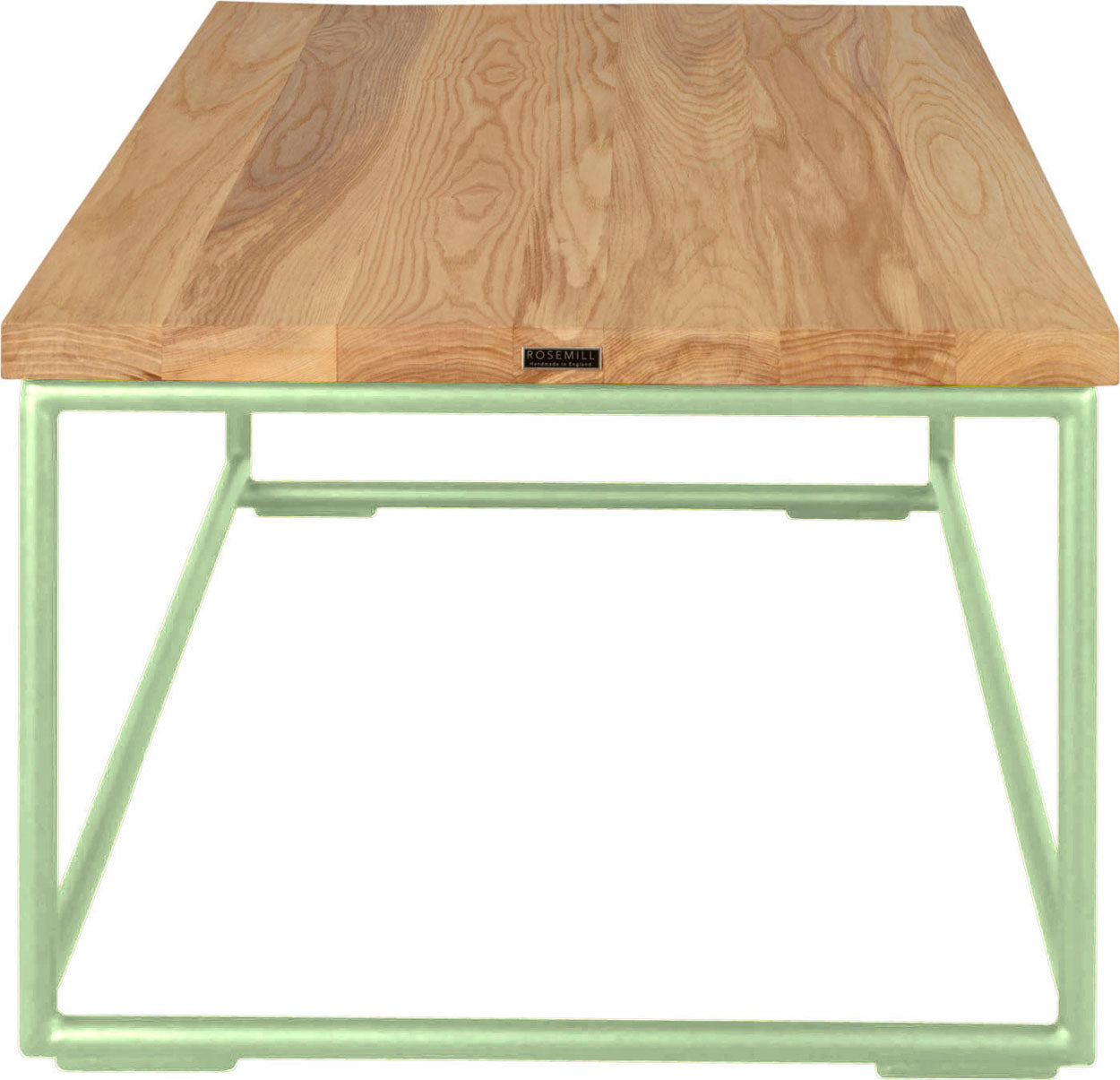Sage green metal table with natural stain ash wood made in UK - side view round frame