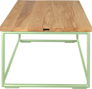 Sage green metal table with natural stain ash wood made in UK - side view round frame