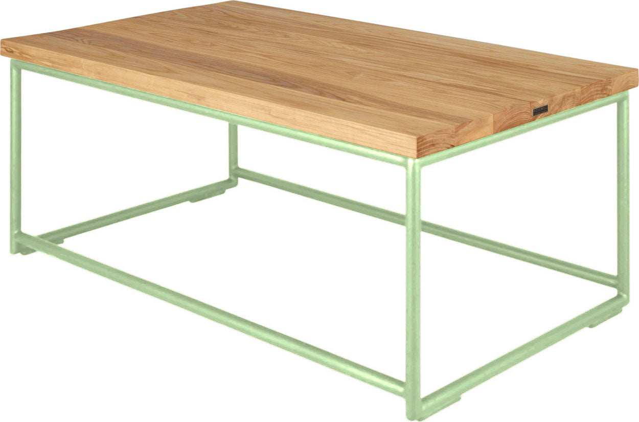 Sage green metal table with natural stain ash wood made in UK - back side view round frame