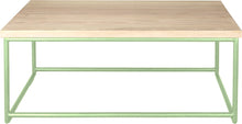 Load image into Gallery viewer, Sage green metal table with whitewash stain ash wood made in UK - front view round frame
