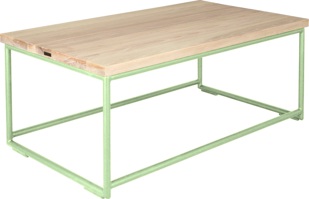 Sage green metal table with whitewash stain ash wood made in UK - angle view round frame