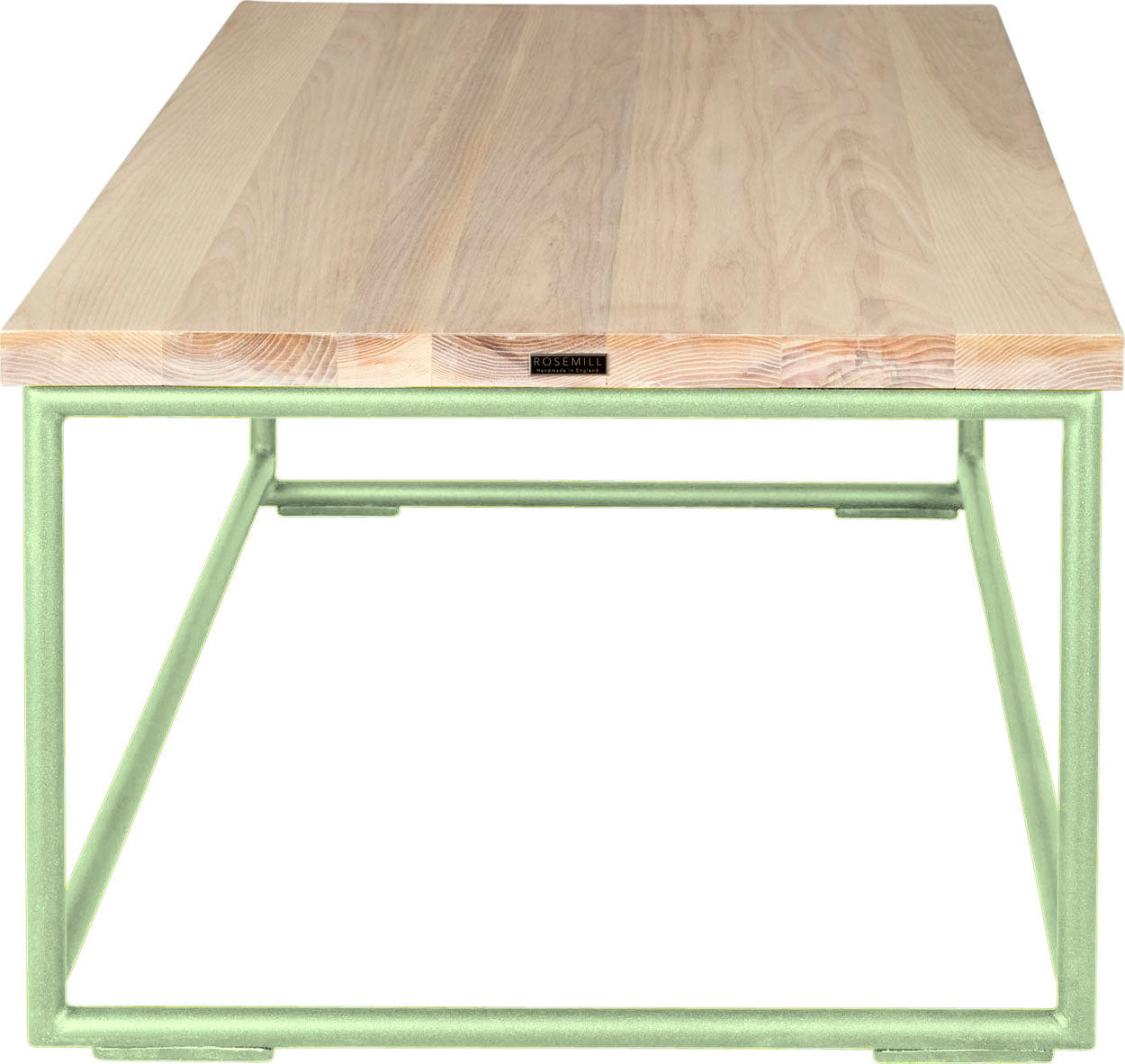 Sage green metal table with whitewash stain ash wood made in UK - side view round frame