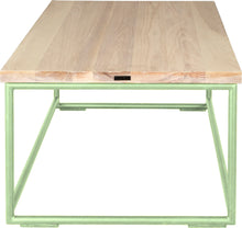 Load image into Gallery viewer, Sage green metal table with whitewash stain ash wood made in UK - side view round frame
