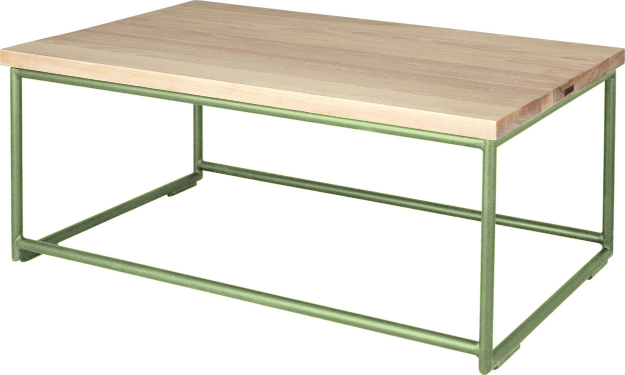 Sage green metal table with whitewash stain ash wood made in UK - back side view round frame