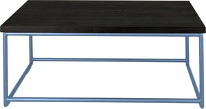 Shaker blue metal table with black stain ash wood made in UK - front view round frame
