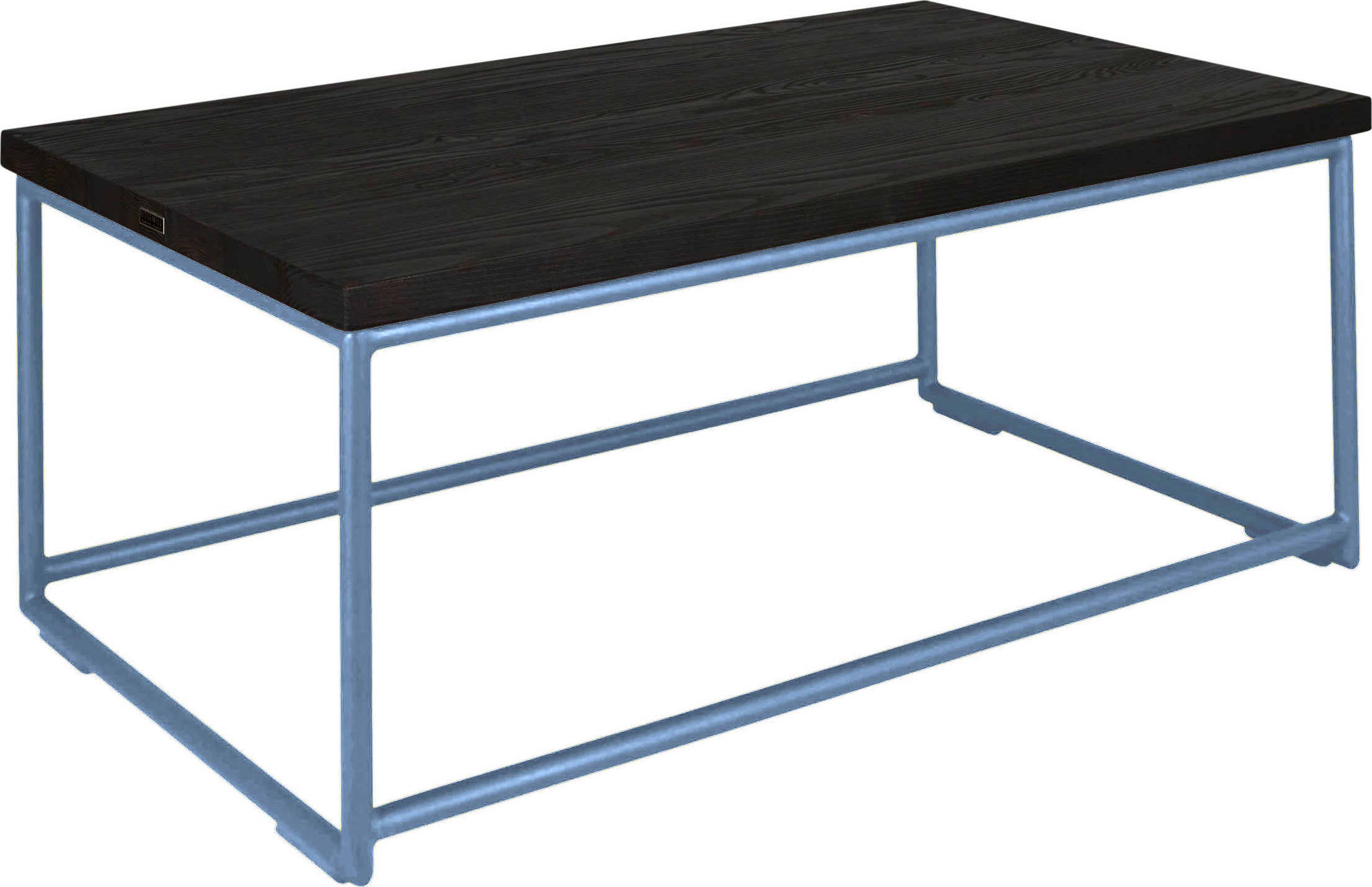 Shaker blue metal table with black stain ash wood made in UK - angle view round frame