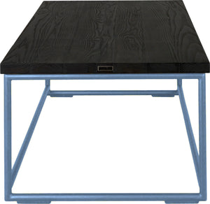 Shaker blue metal table with black stain ash wood made in UK - side view round frame