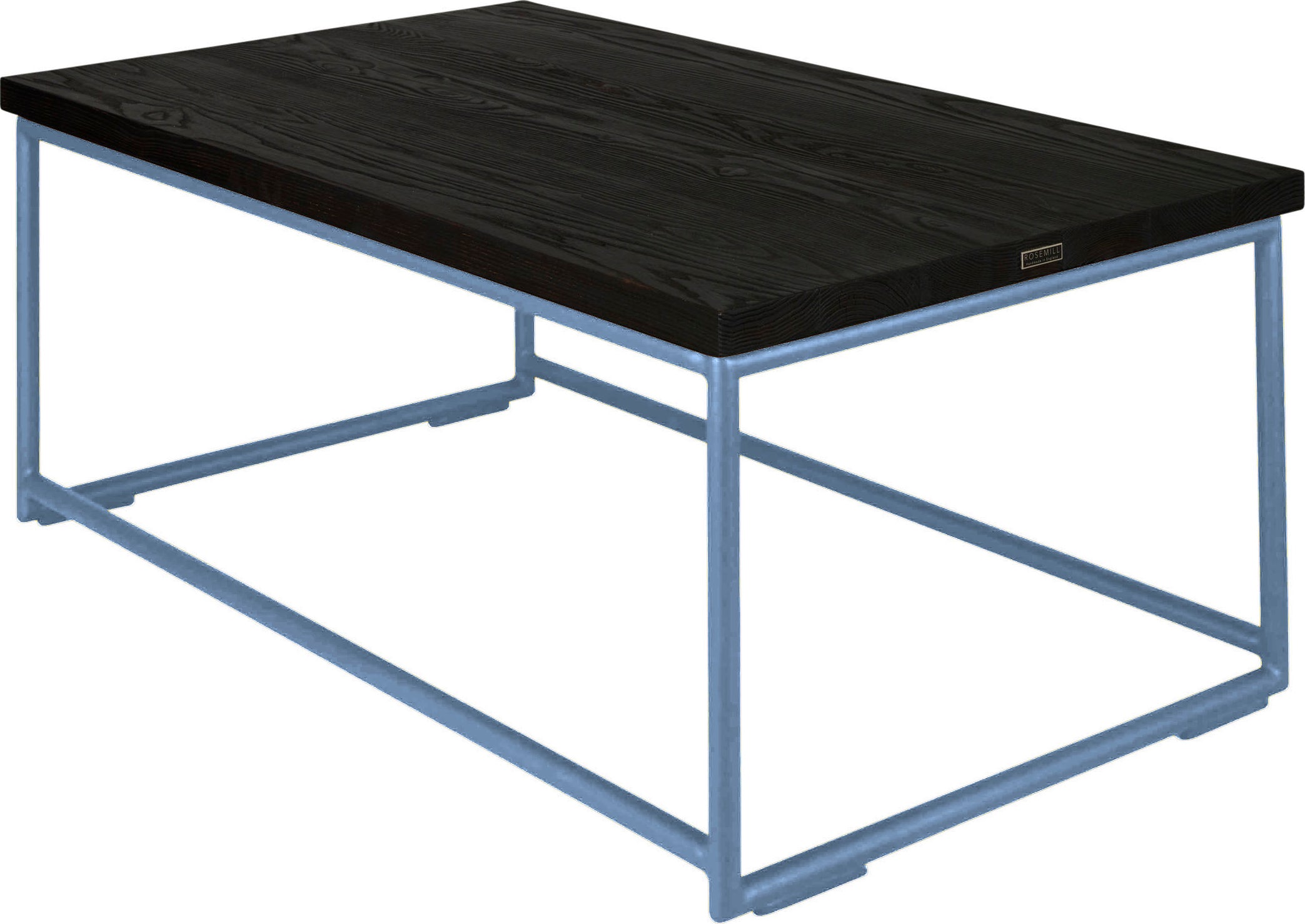 Shaker blue metal table with black stain ash wood made in UK - back side view round frame