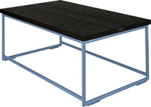 Load image into Gallery viewer, Shaker blue metal table with black stain ash wood made in UK - back side view round frame
