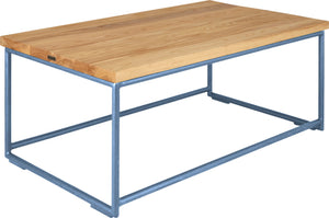 Shaker blue metal table with natural stain ash wood made in UK - angle view round frame