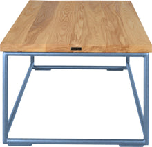 Load image into Gallery viewer, Shaker blue metal table with natural stain ash wood made in UK - side view round frame
