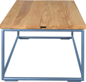 Shaker blue metal table with natural stain ash wood made in UK - side view round frame
