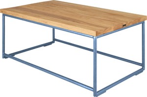 Shaker blue metal table with natural stain ash wood made in UK - back side view round frame