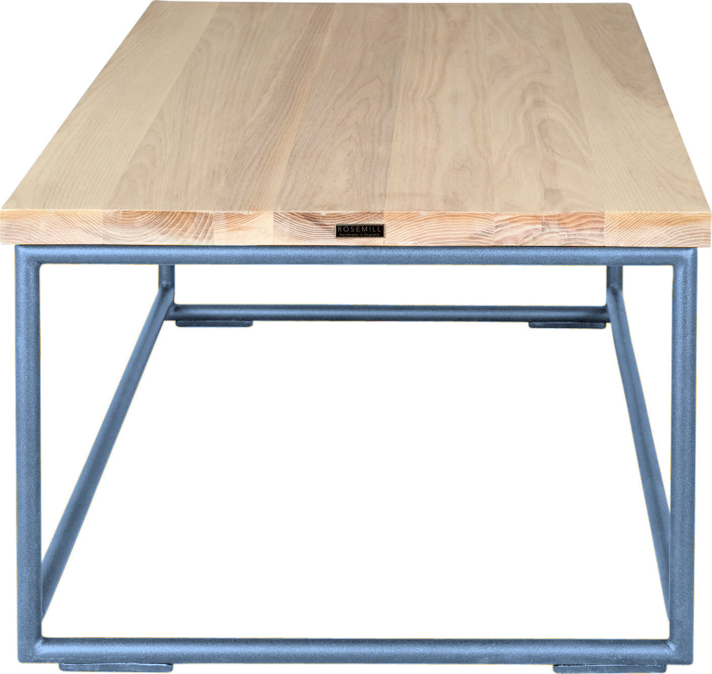 Shaker blue metal table with whitewash stain ash wood made in UK - side view round frame