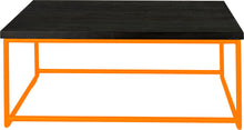 Load image into Gallery viewer, Orange metal table with black stain ash wood made in UK - front view round frame
