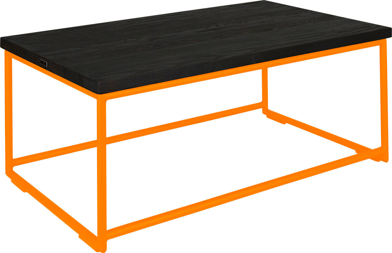 Orange metal table with black stain ash wood made in UK - angle view round frame