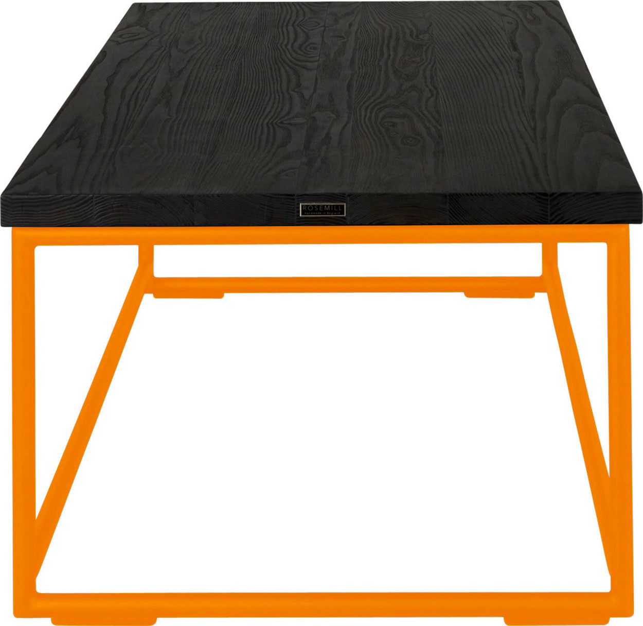 Orange metal table with black stain ash wood made in UK - side view round frame