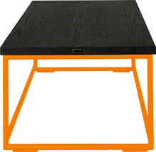 Load image into Gallery viewer, Orange metal table with black stain ash wood made in UK - side view round frame
