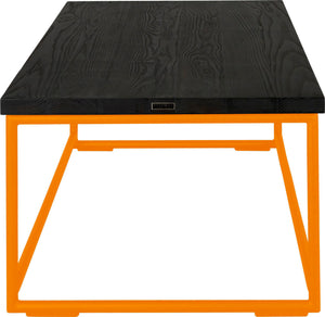 Orange metal table with black stain ash wood made in UK - side view round frame