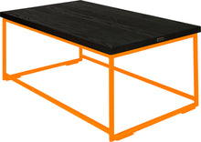 Load image into Gallery viewer, Orange metal table with black stain ash wood made in UK - back side view round frame
