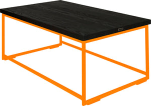 Orange metal table with black stain ash wood made in UK - back side view round frame