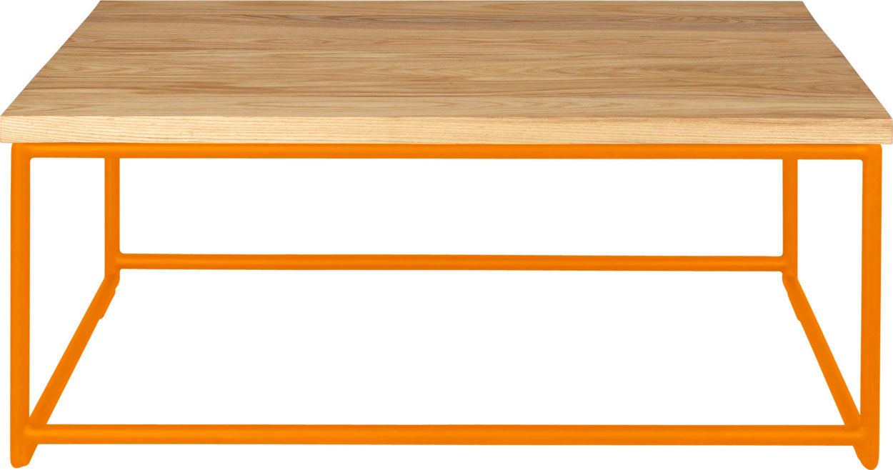 Orange metal table with natural stain ash wood made in UK - front view round frame