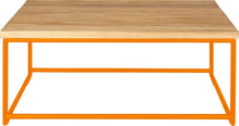 Load image into Gallery viewer, Orange metal table with natural stain ash wood made in UK - front view round frame
