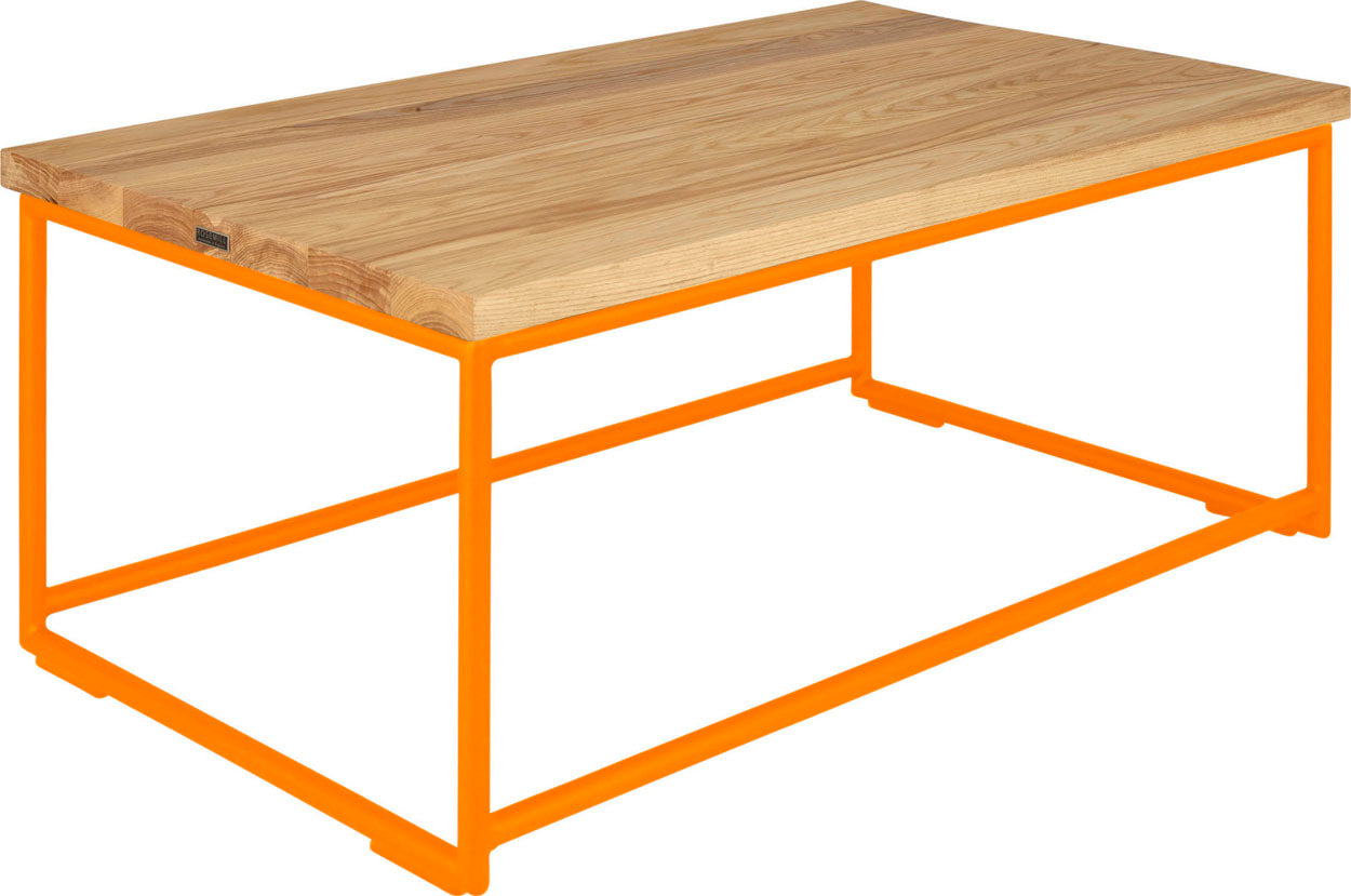 Orange metal table with natural stain ash wood made in UK - angle view round frame