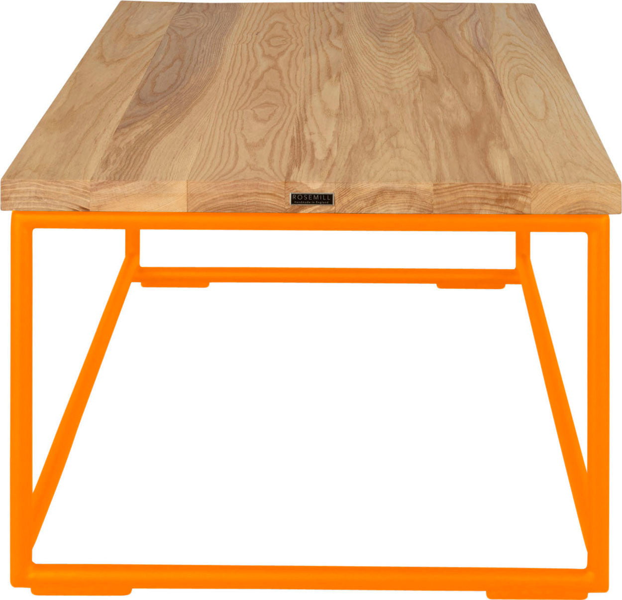 Orange metal table with natural stain ash wood made in UK - side view round frame