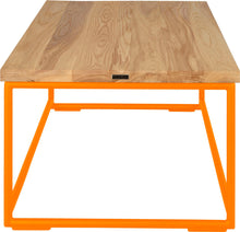 Load image into Gallery viewer, Orange metal table with natural stain ash wood made in UK - side view round frame
