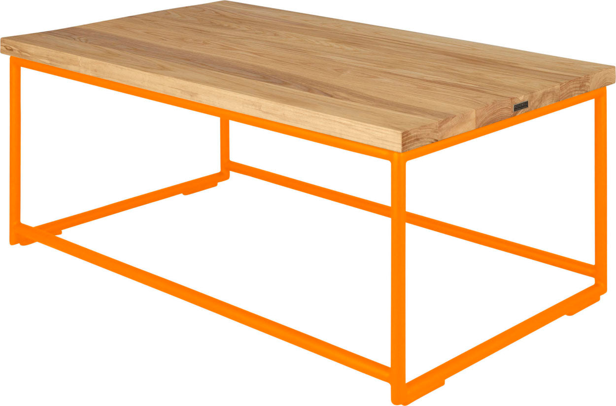 Orange metal table with natural stain ash wood made in UK - back side view round frame