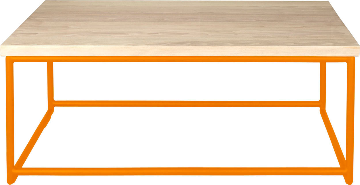 Orange metal table with whitewash stain ash wood made in UK - front view round frame