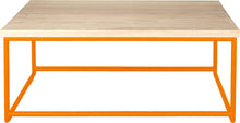 Load image into Gallery viewer, Orange metal table with whitewash stain ash wood made in UK - front view round frame
