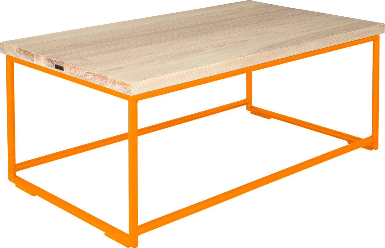 Orange metal table with whitewash stain ash wood made in UK - angle view round frame