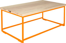 Load image into Gallery viewer, Orange metal table with whitewash stain ash wood made in UK - angle view round frame
