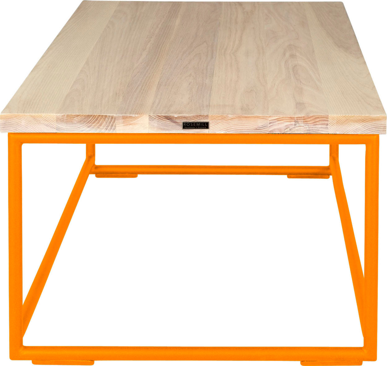 Orange metal table with whitewash stain ash wood made in UK - side view round frame