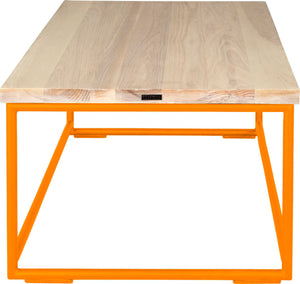 Orange metal table with whitewash stain ash wood made in UK - side view round frame