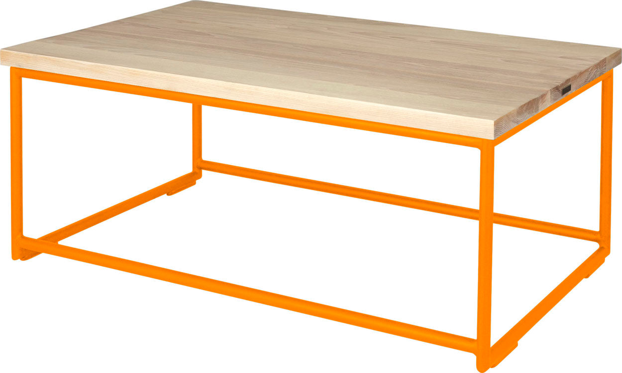 Orange metal table with whitewash stain ash wood made in UK - back side view round frame
