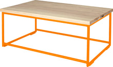 Load image into Gallery viewer, Orange metal table with whitewash stain ash wood made in UK - back side view round frame
