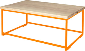 Orange metal table with whitewash stain ash wood made in UK - back side view round frame