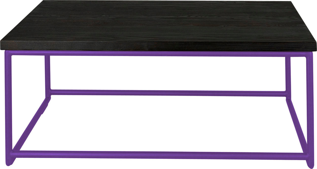 Purple metal table with black stain ash wood made in UK - front view round frame