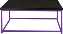 Load image into Gallery viewer, Purple metal table with black stain ash wood made in UK - front view round frame
