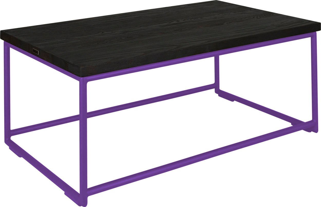 Purple metal table with black stain ash wood made in UK - angle view round frame