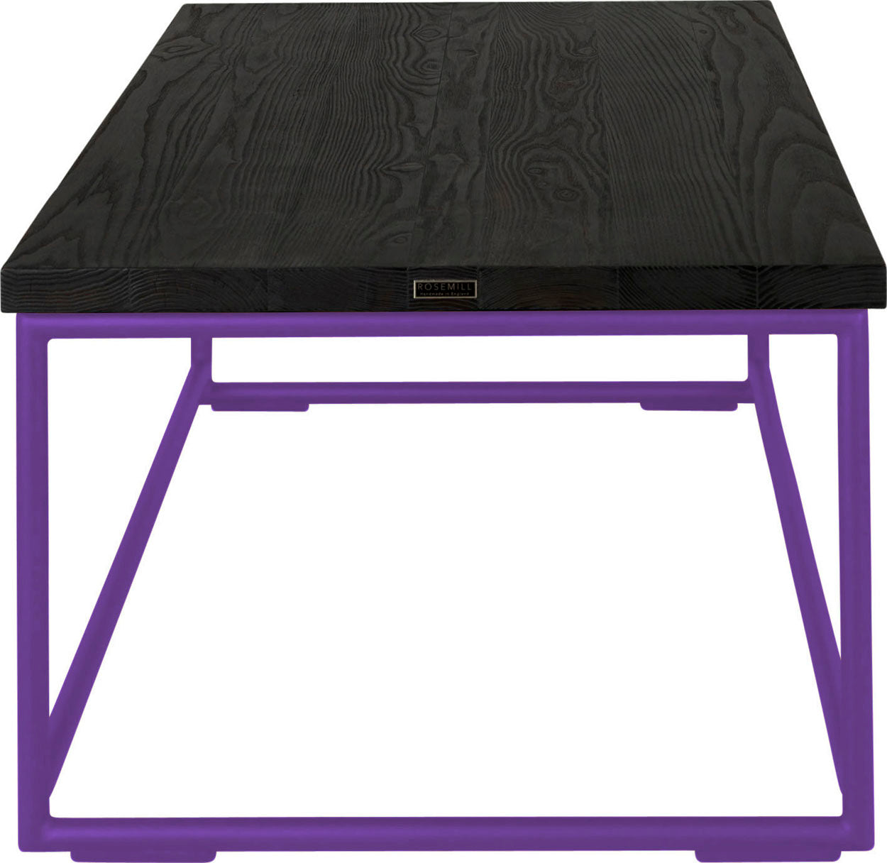 Purple metal table with black stain ash wood made in UK - side view round frame