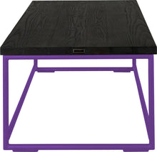 Load image into Gallery viewer, Purple metal table with black stain ash wood made in UK - side view round frame
