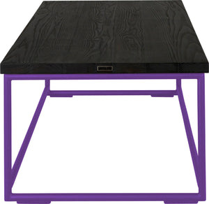 Purple metal table with black stain ash wood made in UK - side view round frame