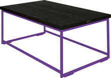 Load image into Gallery viewer, Purple metal table with black stain ash wood made in UK - back side view round frame
